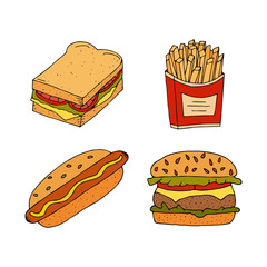Sandwich, hamburger, cheeseburger, hot dog and fried potatoes. Colorful hand drawn  illustration isolated on white background. doodles cartoon style.