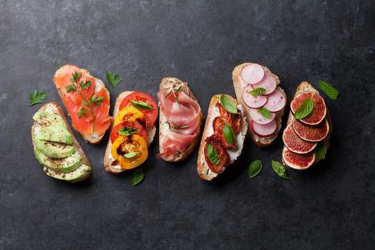 Fototapeta Brushetta or spanish tapas set