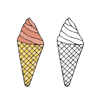 Ice cream in a cone waffle cup.hand drawn  illustration.doodles  cartoon style.