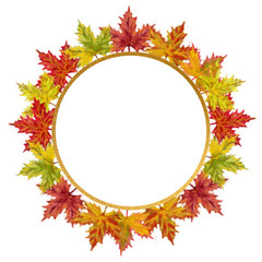 Fototapeta premium Round Golden Frame Decorated with Autumn Maple Leaves.