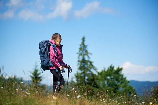 Young sporty girl tourist with backpack and trekking sticks, wearing sports wear, standing on the top of a hill, looking away, enjoying sunny day in the mountains. Copy space