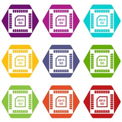 Fototapeta premium Technology microchip icons 9 set coloful isolated on white for web