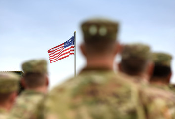 American Soldiers and US Flag. US Army - obrazy, fototapety, plakaty