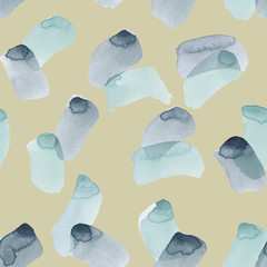 Beige seamless pattern illustration with watercolor blue spots and blemishes. Will be good for decor a postcard, posters, gift decor, wrapping paper, gift boxes, fabric and etc.