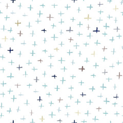 White seamless pattern illustration with watercolor blue, beige and pink crosses. Will be good for decor a postcard, posters,gift decor, wrapping paper, gift boxes, fabric and etc.