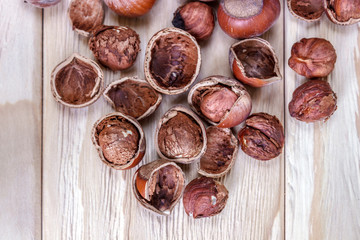 whole hazelnuts on the background of a wooden table