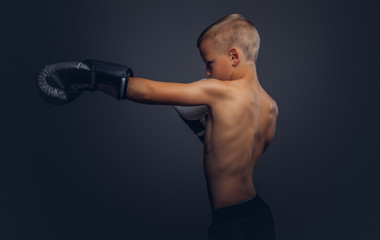 Shirtless boy boxer with blonde hair wearing boxing gloves workout in a studio. © Fxquadro