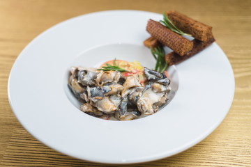 Rapan with salad and croutons on a white plate
