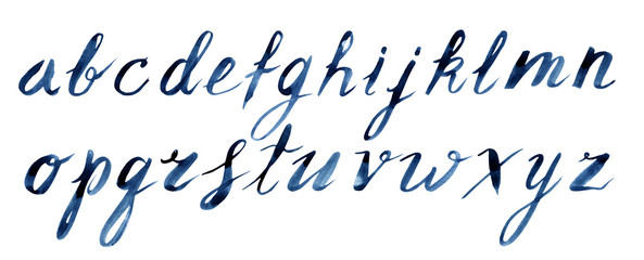 Blue watercolor hand drawn lower case letters font alphabet for decor a postcards, posters, lettering, invitations and etc.