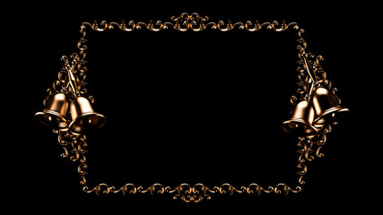 Beautiful metal vintage frame with Christmas bell isolated on black background. 3d illustration, 3d rendering.