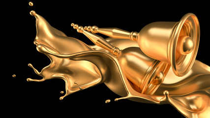 A beautiful metallic Christmas bell and a splash of gold. 3d illustration, 3d rendering.
