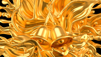 A beautiful metallic Christmas bell and a splash of gold. 3d illustration, 3d rendering.