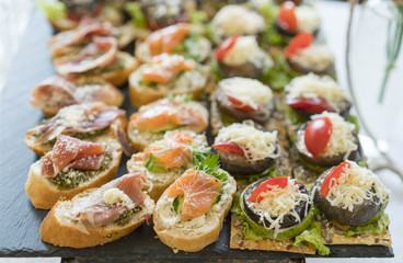 Gourmet appetizers: caviar, venison, tuna and salmon.