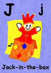 J is for Jack-in-the-box. Watercolour cartoon painting of a Jack-in-the-box. Letter J, ABC kids wall art. Alphabet flashcard, nursery poster, playroom decor. Vibrant colours with an violet background.