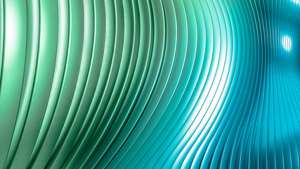 Green and blue, azure beautiful colorful 3d background with smooth lines and waves of metal. 3d illustration, 3d rendering.