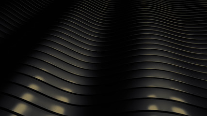 Black and gold beautiful colorful 3d background with smooth lines and waves of metal. 3d illustration, 3d rendering.