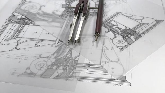 blueprints - architectural drawings - detail column, compasses and fountain pen for calligraphy / seamless looping	
