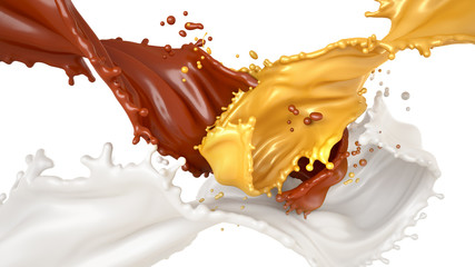 Beautiful, sweet, tasty background splashes of chocolate, milk and honey. 3d illustration, 3d rendering.