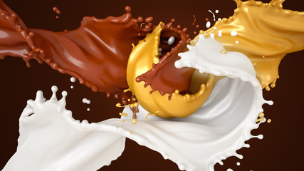 Beautiful, sweet, tasty background splashes of chocolate, milk and honey. 3d illustration, 3d rendering.