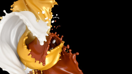 Beautiful, sweet, tasty background splashes of chocolate, milk and honey. 3d illustration, 3d rendering.