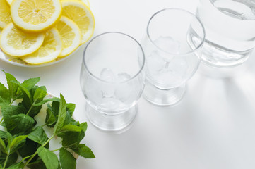 Two glasses full of ice cubes and bottle of water, ready for preparation refreshing and cold drink with fresh green mint and lemon slices.