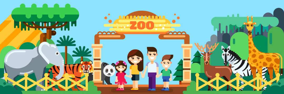 Happy family in zoo, vector flat style illustration. Weekend in park, leisure outdoor concept