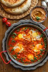 Tasty Breakfast Shakshuka in a Iron Pan. Fried eggs with tomatoes, Healthy Food.