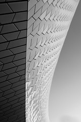 Black and white photo of some tiles on a building