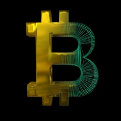 Bitcoin sign, gold turns into a green grid on a black background. 3D illustration