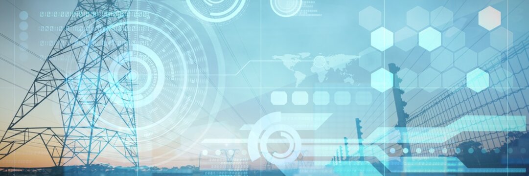 Composite image of the evening electricity pylon silhouette - Powered by Adobe