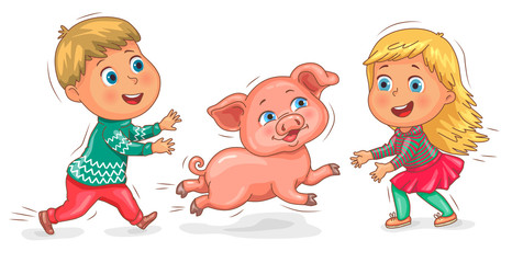 Cute kids and little piggy