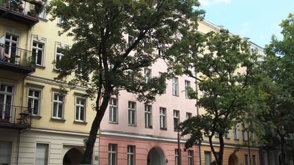 Naklejka premium Zielony Berlin: stare fasady budynków w Mitte, uliczne drzewa