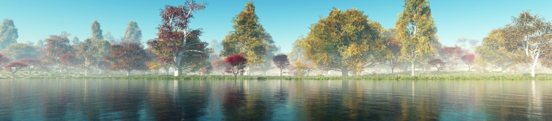 Beautiful autumn landscape. Autumn trees over the water. Panorama of the autumn landscape.
