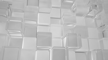 White background with white and glass cubes. 3d illustration, 3d rendering.