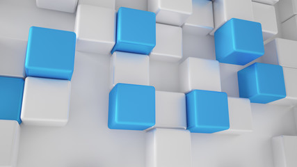 White background with white and turquoise, blue cubes. 3d illustration, 3d rendering.