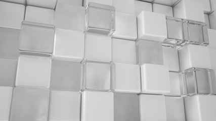 White background with white and glass cubes. 3d illustration, 3d rendering.