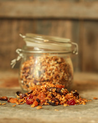 granola - sweet oat flakes with dried fruits. food background. top view. copy space