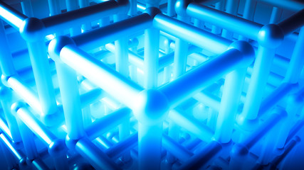 Azure blue abstract background with a cubic lattice, 3d illustration, 3d rendering.