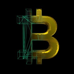Bitcoin sign, the green grid turns into gold on a black background. 3D illustration