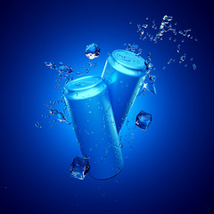 Blue background with a drink in aluminum cans. Drink, drink, restaurant, alcohol, water, mix, bar, soda, cola, fruit, aluminum cans, packing. 3D illustration, 3D rendering