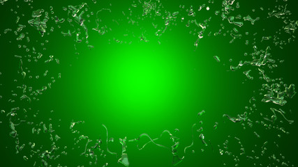 Splash of water on a green background, 3D illustration, 3D rendering