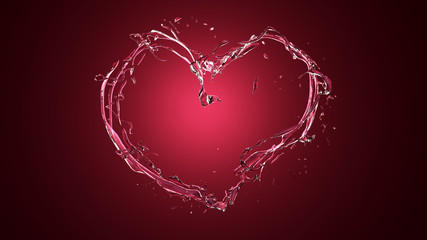 Scarlet heart from water splashes (liquids) on pink, red background. Splash, water, drop.