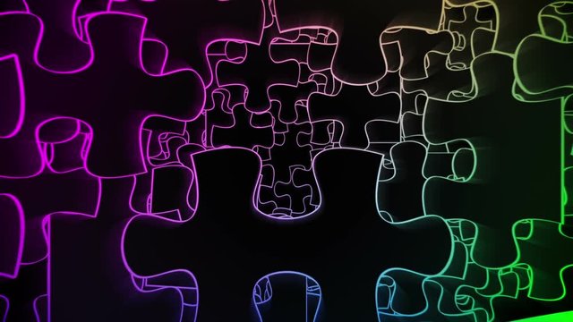 Pieces of jigsaw emanate with colorful glow.
Animation of puzzle elements moving towards camera.