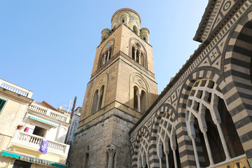 Fototapeta na wymiar Bell tower of Amalfi Cathedral dedicated to the Apostle Saint Andrew, Amalfi, Southern Italy