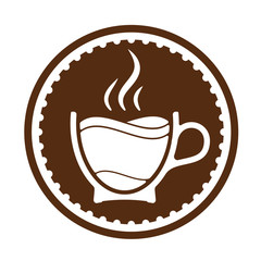 Morning cup of coffee for waking up. Logo or emblem. Layers of coffee in a cup and steam on top