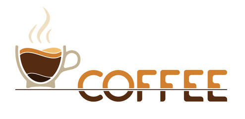 Morning cup of coffee for waking up. Logo or emblem. Layers of coffee in a cup and steam on top
