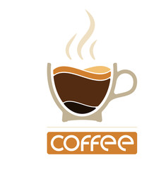 Morning cup of coffee for waking up. Logo or emblem. Layers of coffee in a cup and steam on top