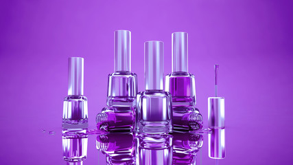 Purple, violet, lilac stylish golden background with bottles of nail polish. Fashion, makeup, manicure, beauty.