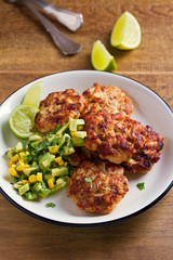 Chicken patties or  burgers with avocado corn salsa