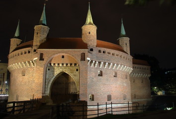 Historical buliding called Barbican in Krakow, Poland, at night